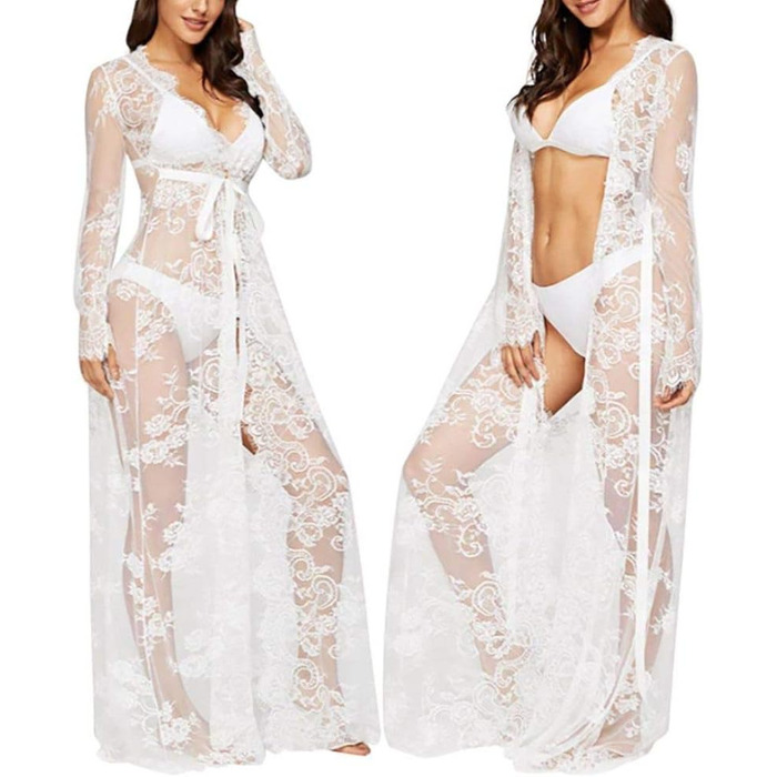 Шовковий халат-кімоно з V-подібним вирізом для жінок, білий. Халат з мереживом, квітковим візерунком, з поясом. Ідеальний для вечірки, весільної ночі або Дня святого Валентина.