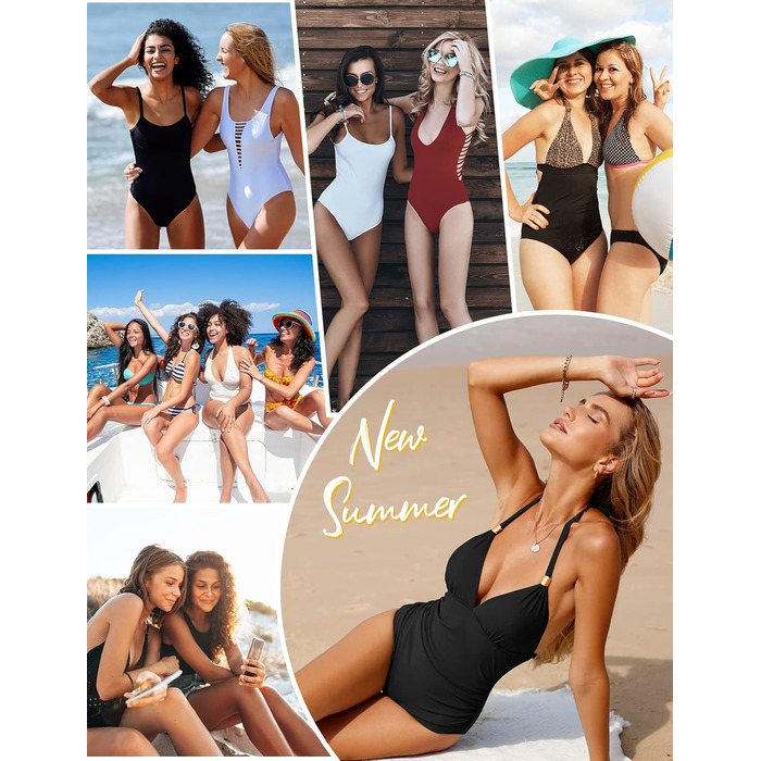 Чоловічий купальник Badeanzug Damen Bauchweg Rückenfrei Shape Badeanzüge Neckholder Sexy Push Up Bademode mit Cups M Schwarz