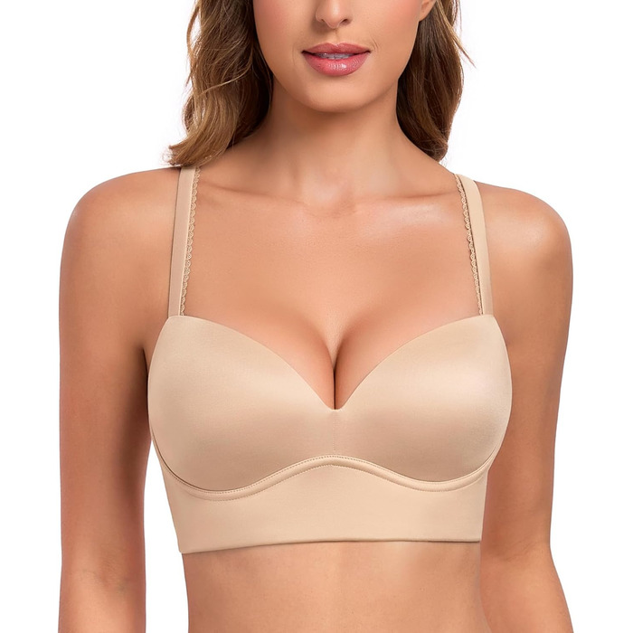 Трусики Lemorosy BH для жінок без кісточок Push Up, безшовні, з глибоким V-подібним вирізом, класичні, зручні, повсякденні бюстгальтери з широкими бретелями (80C, бежевий)