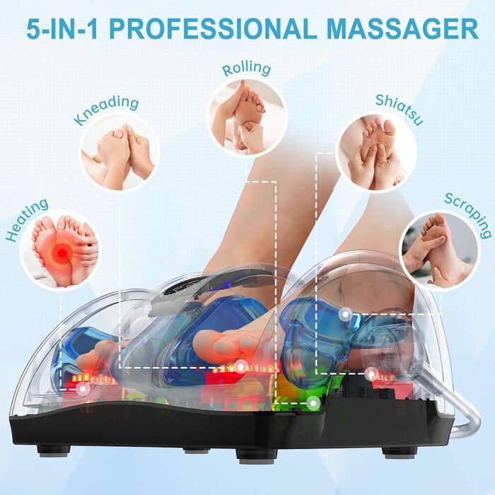 Електричний масажер для ніг та литок TISSCARE Shiatsu з підігрівом, функцією розминання та роликами, регулювання 360°, з пультом керування (Сірий)
