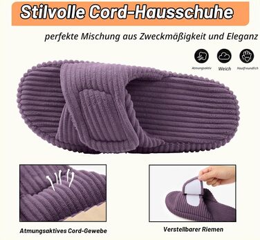 Жіночі домашні капці Coswind з ефектом пам'яті (Memory Foam), відкритий носок, вельветові пантофлі, фіолетові, розмір 37/38 EU