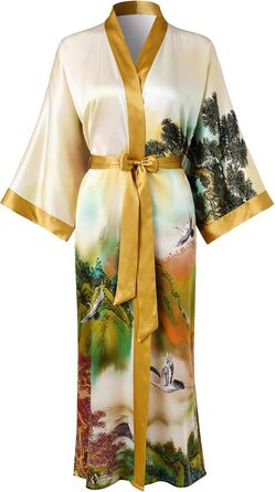 Шовковий халат-кімоно Ledamon для жінок, довгий, 100% шовк, класичний квітковий халат-піжама (універсальний розмір, пейзаж осінь)