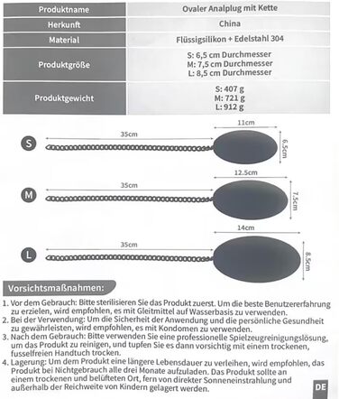Анальний плагін Jixaxe з ланцюгом, анальні кулі, анальний ділдо, buttplug, великі анальні плагіни з гіпоалергенного силікону, секс-іграшка для жінок та чоловіків, 3 розміри S/M/L, анальні плагіни, секс-іграшки (M: Ø7,5cm)