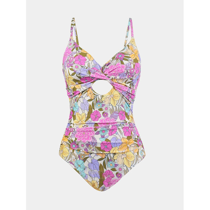 Купальник CUPSHE Daen з V-подібним вирізом, ефект зав'язування, корегуючий, з декоративними вирізами, суцільний (XS, жовтий/рожевий/квіти)