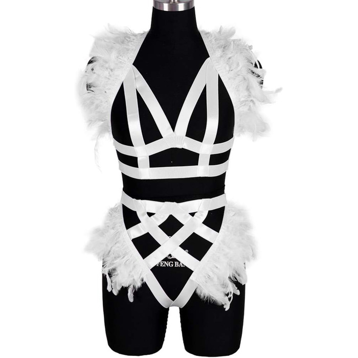 Жіночий корсет з пір'ям BBOHSS – набір аксесуарів для тіла, готичний стиль, Burning Man, білий (30)