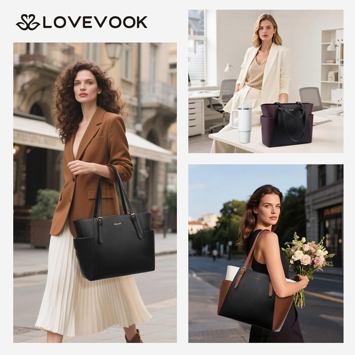 Жіноча сумка-шопер LOVEVOOK великого розміру з екошкіри для ноутбука 15,6 дюймів, робоча сумка для вчителів та офісу з зовнішньою кишенею для пляшки (Чорний + Коричневий + Бежевий)