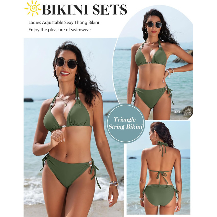 БІКІНІ Triange Bikini для жінок, комплект, сексуальний стрінг, купальник з високою талією, push-up, з перлами, танга, бавовна, XXL (зелений)