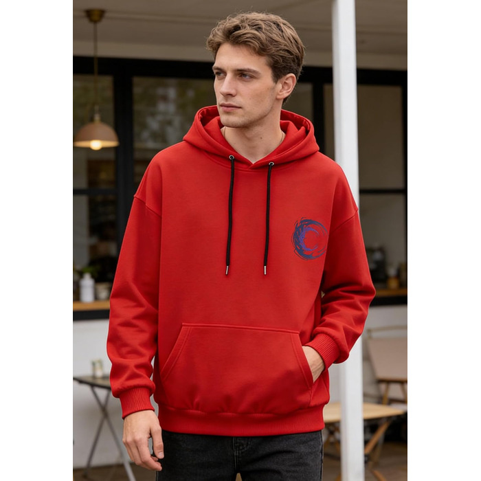 Чоловічий худі з принтом, бавовняний світшот з капюшоном та кишенями, червоний, розмір XXL