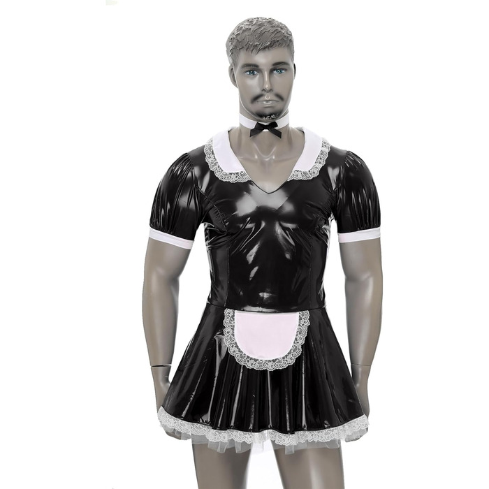 Костюм покоївки FEESHOW для чоловіків: латексне плаття з комірцем, чорний, 4XL. Ідеально для карнавалу, Хелловіну, косплею.