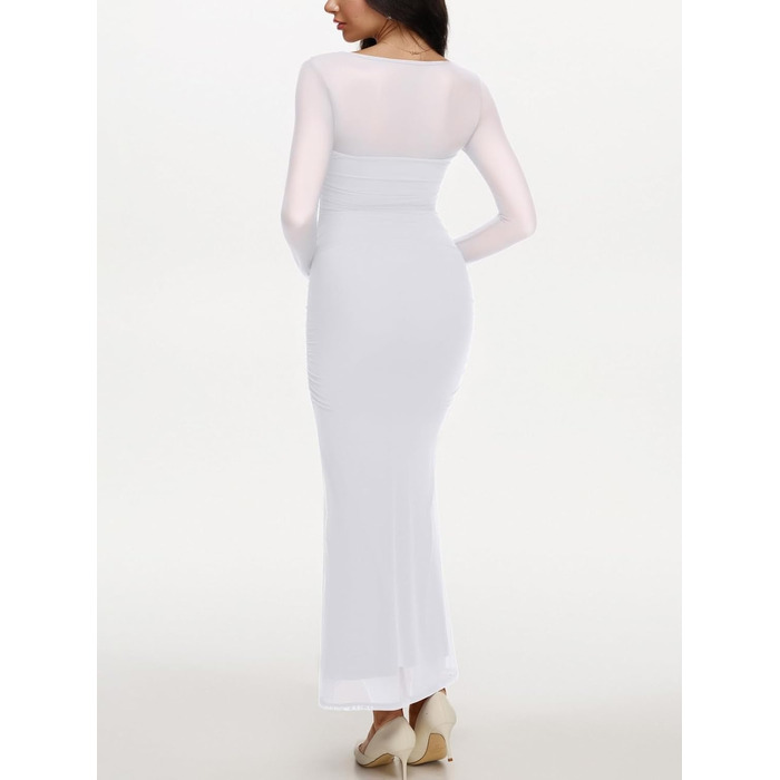 REORIA Максі-сукня для гостей на весілля: довга, з довгими рукавами, прозора сітка, квадратний виріз, обтягуюча, біла, XS