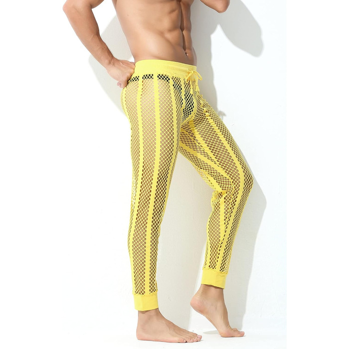 Чоловічі прозорі штани FEOYA з сітки, леггінси, піжама, сексуальна прозора сітка, спортивні шорти, нижня білизна, штани з шнурком (XL, жовтий)