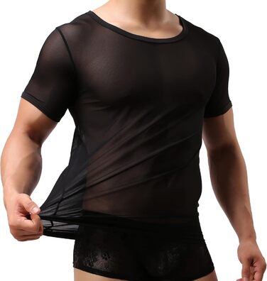Чоловіча прозора футболка, мереживна сорочка, облягаючий крій, сексуальна білизна, чорний колір, розміри S, M, L, XL