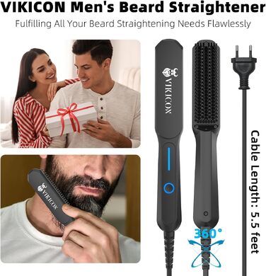 Міні-випрямляч для бороди та волосся VIKICON, професійна стайлер-щітка з негативними іонами, 3 режими температури, портативний, чорний