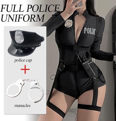 Костюм поліцейського 3-в-1 BDSMJOY для жінок, сексуальний косплей поліцейської, аксесуари: наручники, капелюх, чорний, XXL