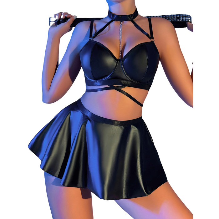 FEOYA Набір спідньої білизни з еластичної шкіри: бюстгальтер, труси G-string, шорти. Чорний лакований костюм для нічного клубу, розмір S