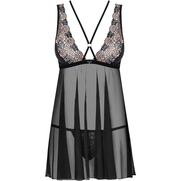 Сексуальний жіночий комплект спідньої білизни з мереживом: babydoll та танга, подарункова коробка (S-M, чорний з золотою мереживою)