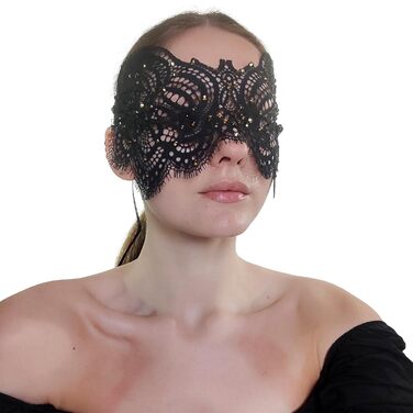 Чорна мереживна маска для жінок з блакитними стразами – венеціанська маска для маскарату, карнавалу, Хелловіну, вечірки, Фашинг, бал-маскарад, ручна робота, елегантна маска для очей (Чорний (блакитні стрази))