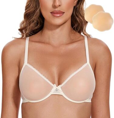 Жіночий бюстгальтер Wingslove з кісточками, мереживний, прозорий, без пуш-апу, з силіконовими накладками на соски (80B, слонова кістка)