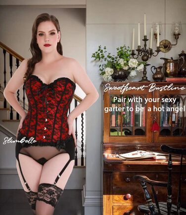 Корсетний топ SLIMBELLE для повного бюсту: готичний корсет з мереживом та імітацією шкіри, з банелом XL, червоний