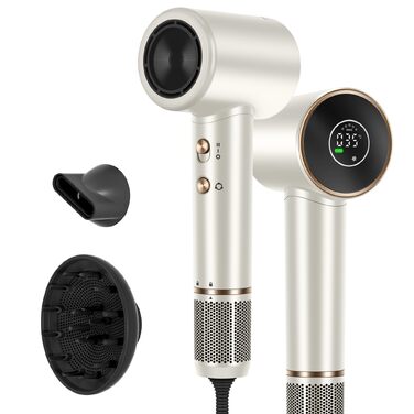 Професійний фен для волосся Parwin Pro Beauty Air-Sonic з HD-LED дисплеєм, безщітковим мотором 110,000 RPM та іонізацією (200 млн негативних іонів), швидка сушка 25м/с, Champagne Silver