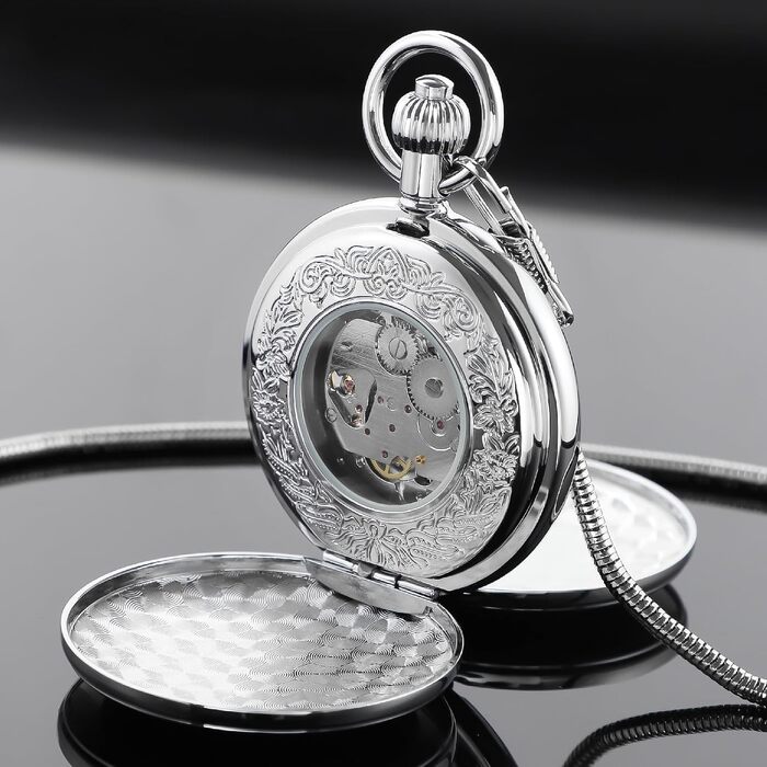 Скелетон-годинник кишеньковий Tiong Vintage Steampunk з ланцюжком, механічний годинник з римськими цифрами в подарунковій коробці, сріблястий (44 Silber)