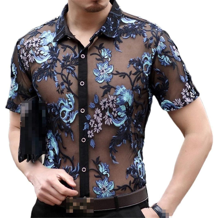 Чоловіча сорочка Deepsko з мереживом та квітковим візерунком, прозора сітка, для вечірок, розмір EU S (50-65 кг)