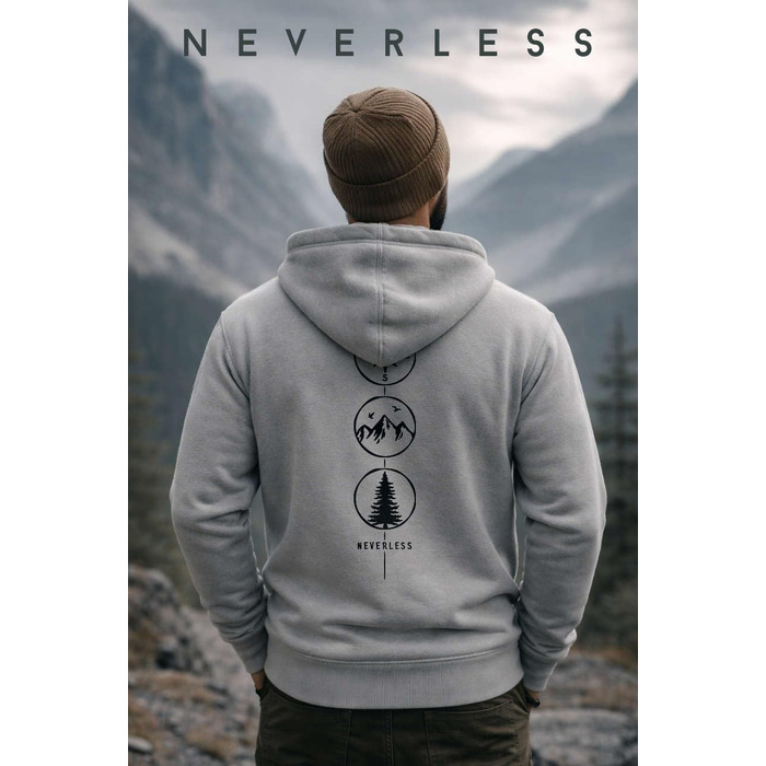 Чоловічий худі Neverless з принтом на спині Nature Symbole (компас, гори, дерево), Urban-grey, розмір XL