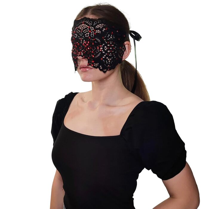 Ручна вишита мереживна маска на обличчя з камінням для жінок, чорна маска для маскараду, балу, карнавалу, весілля, бурлеску, косплею, Марді Гра (чорний колір з червоними каміннями)