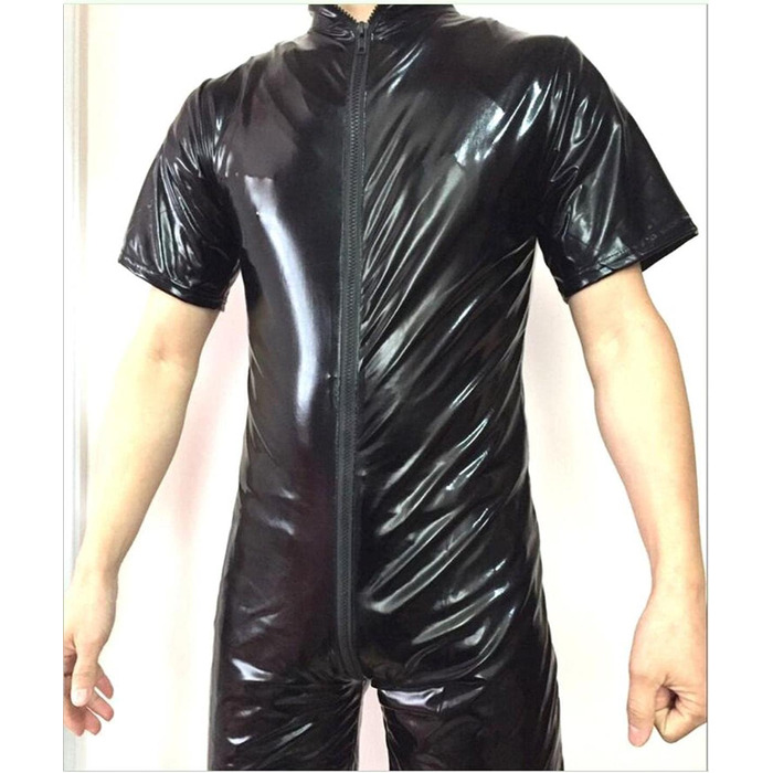 Комбінезон латексний чоловічий, чорний, з блиском, напіврукав, на блискавці, catsuit, Wetlook, для клубу