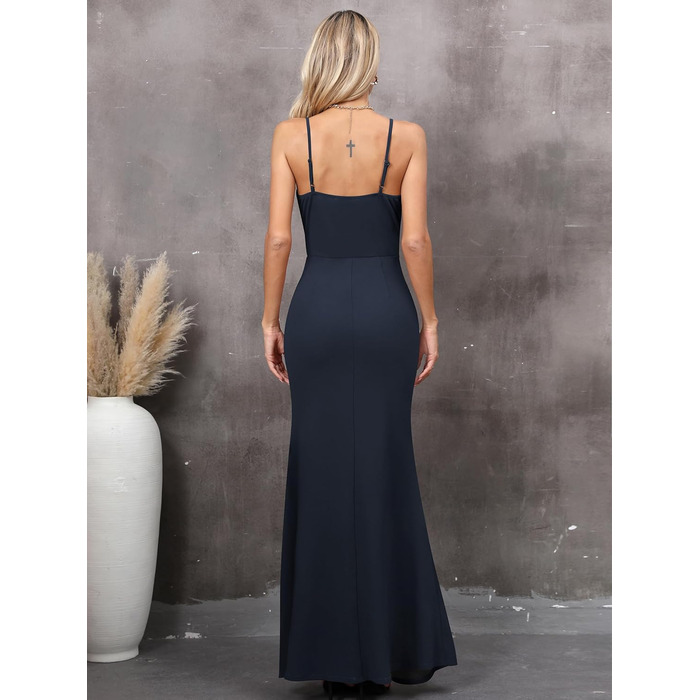 Сукня вечірня Missufe коктейльна довга, блакитна (Navy Blue) з розрізом, на бретелях, обгортка, для вечірок та весіль