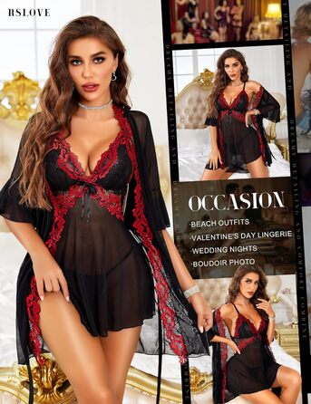 Халат жіночий мереживний RSLOVE, бандаж, babydoll, нічна сукня, чорний, винний