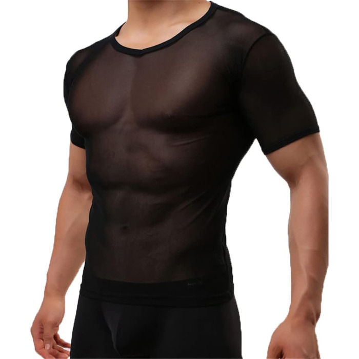 Чоловіча прозора футболка з мережива, сексуальна нижня білизна, чорна. Ідеальна для дому та вечірок.