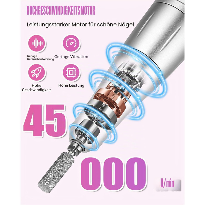 Електричний апарат для манікюру та педикюру 45000 об/хв з LED-дисплеєм, USB-зарядкою та функцією паузи для гель-лаків та акрилу