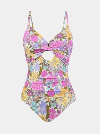 Купальник CUPSHE Daen з V-подібним вирізом, ефект зав'язування, корегуючий, з декоративними вирізами, суцільний (XS, жовтий/рожевий/квіти)