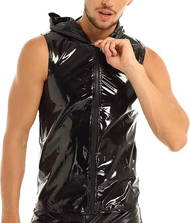 Чоловіча сорочка з лакованої шкіри Wetlook, сексуальна модель, для вечірок (L, Чорний)