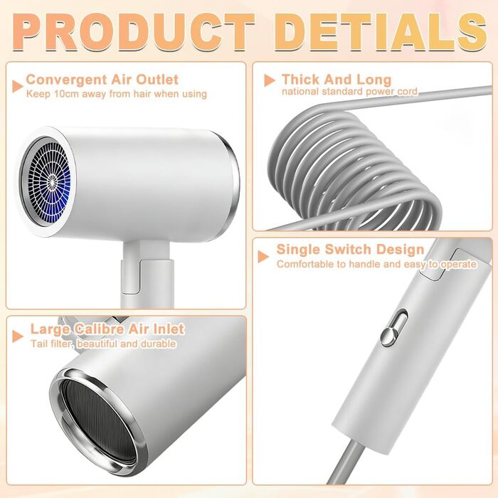 Професійний складаний фен для подорожей Lonen, 2400W, 3 температурних режими та 2 швидкості, компактний і легкий фен для швидкого сушіння волосся (Білий)