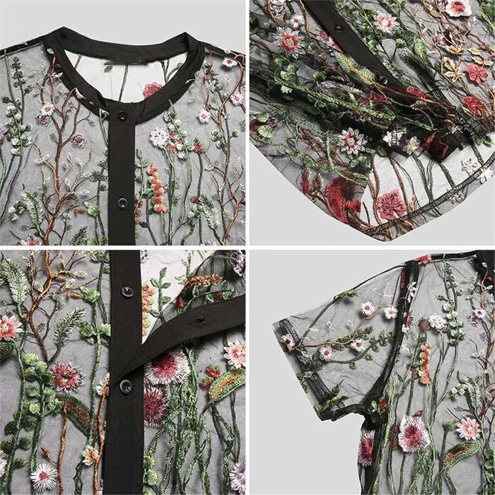 Чоловіча сітчаста сорочка з вишивкою, прозора, на кнопках, дихаюча, для вечірок та клубів, чорна XL