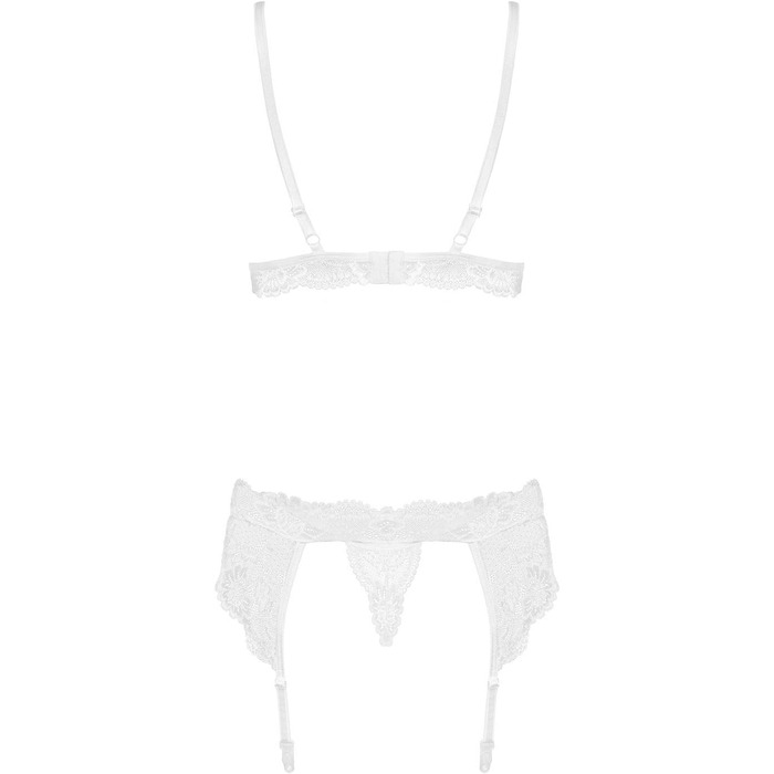 Комплект спідньої білизни Obsessive: бюстгальтер, стрінг та пояс-стрінг, білий, Push-Up, мереживо, L-XL
