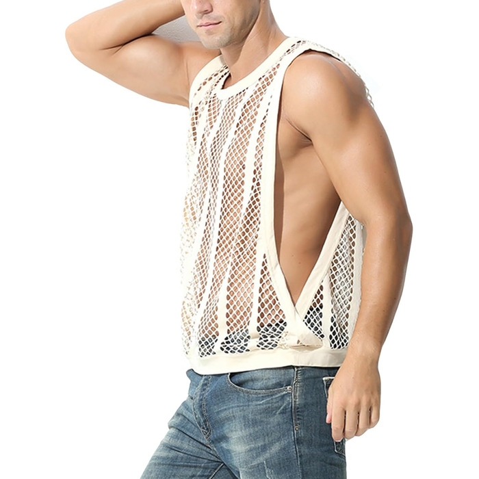 Чоловіча майка з сіткою, без рукавів, з принтом 'риба', сексуальний дизайн, прозора білизна (XL, Бежевий)