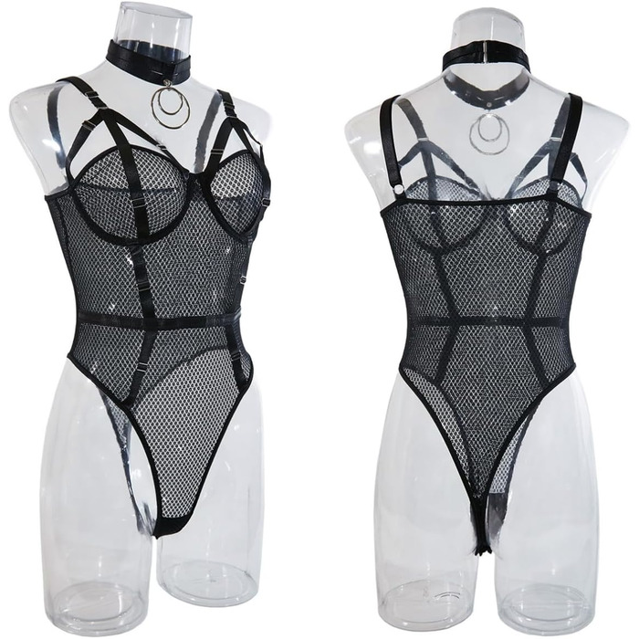 Комплект білизни SINROYEE: Боді-боди з мереживом та шкіряними вставками, пуш-ап бюстгальтер, чорний (S)