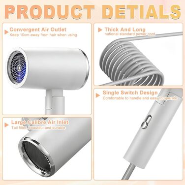 Професійний складаний фен для подорожей Lonen, 2400W, 3 температурних режими та 2 швидкості, компактний і легкий фен для швидкого сушіння волосся (Білий)