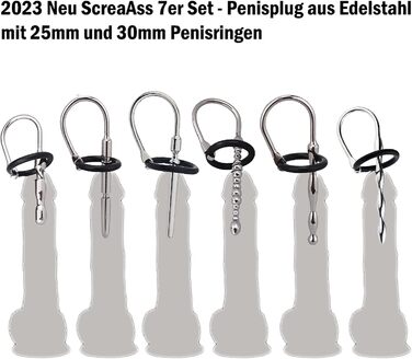 Набір з 6 шт. сталевих дилататорів для чоловіків (25 мм, 30 мм) з кільцем, для простати, мастурбації, срібло