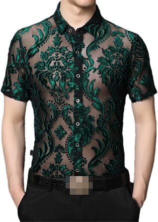 Прозора сорочка для чоловіків Bollrllr з мереживом, 2XL | Сорочка з прозолим мереживом для вечірок