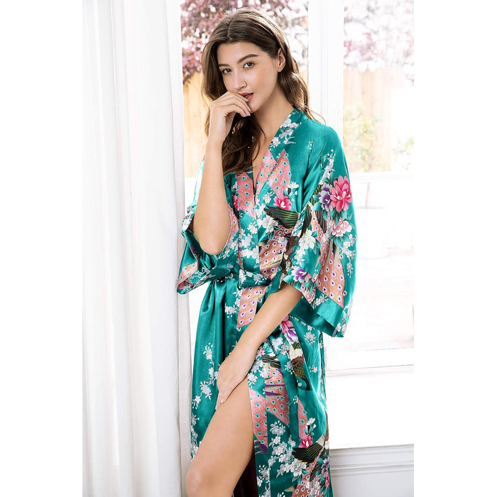 Халат жіночий Babeyond з шовкового атласу, кімоно, довгий, принт 'павич', для дому та відпочинку, великий розмір, темно-зелений