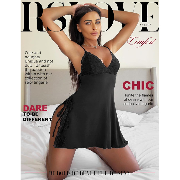 Еротична нічна сорочка Babydoll RSLOVE - чорна мереживна комбінація XXL