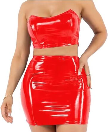 Короткий топ для живота великого розміру, Ветлюкс, ПВХ, Штучна шкіра, без бретелек, з міні-спідницею-олівець, двокольоровий комплект, для жінок, персоналізований, Фуксія XXL