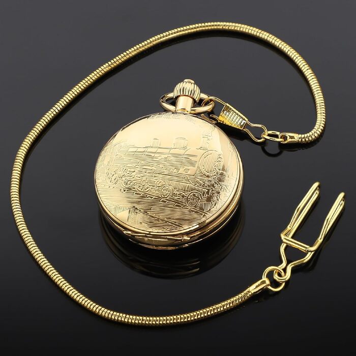 Скелетонний кишеньковий механічний годинник Tiong Vintage Steampunk з ланцюжком, римські цифри, золотий колір (45 Gold) — подарунковий набір з коробкою