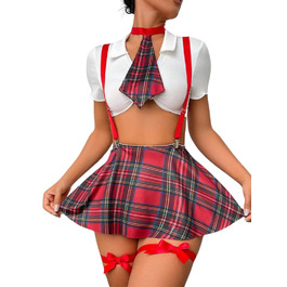 Жіночий комплект нижньої білизни JFAN: ролеплеї, мініспідниця, червоний в клітинку