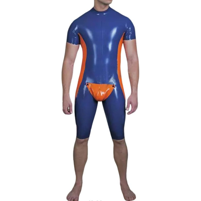 Латексний комбінезон YZPNBW для чоловіків: сексуальний catsuit з короткими рукавами та шортами, блакитний та помаранчевий
