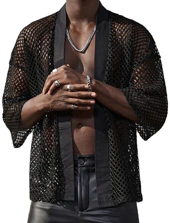 Чоловіча прозора блуза з довгим рукавом Panegy, мереживна сітка, облягаючий крій, 3XL, чорний
